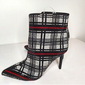 Black Red Silver Plaid Rhinestone Bling New Years Holiday Heeled Booties Boots 8